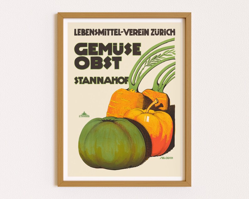 May include: A vintage poster advertising fresh produce at the "Stannahof" market. The poster features a green pumpkin, two orange carrots, and green leafy stems against a cream background. The text reads "Lebensmittel-Verein Z&uuml;rich" and "Gem&uuml;se Obst Stannahof".