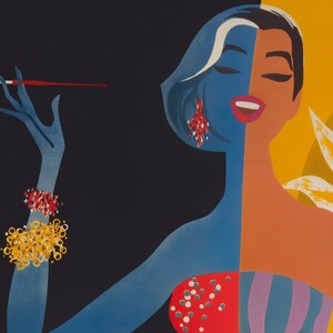 May include: A stylized illustration of a woman with half her face in blue and the other half in orange. She wears red earrings and a red and white bracelet. She holds a cigarette holder with a red tip. The background is black and yellow.