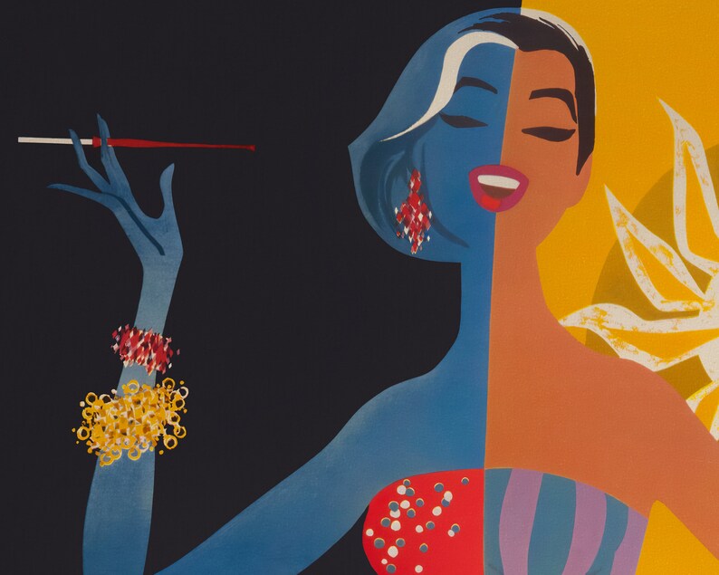 May include: A stylized illustration of a woman with half her face in blue and the other half in orange. She wears red earrings and a red and white bracelet. She holds a cigarette holder with a red tip. The background is black and yellow.