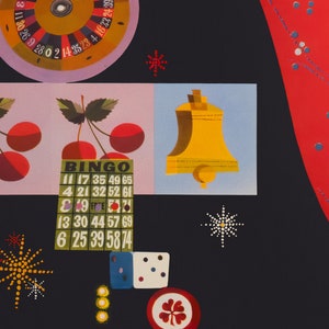 May include: A colorful illustration featuring casino-themed elements. A roulette wheel, cherries, a bingo card, a golden bell, dice, and a four-leaf clover are depicted against a black background. The image has a retro, graphic style.
