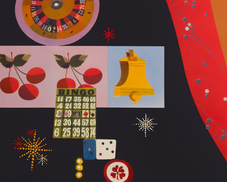 May include: A colorful illustration featuring casino-themed elements. A roulette wheel, cherries, a bingo card, a golden bell, dice, and a four-leaf clover are depicted against a black background. The image has a retro, graphic style.