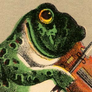 Puede incluir: Ilustraci&oacute;n caprichosa de una rana verde tocando el viol&iacute;n. La rana tiene una cabeza y un cuerpo verde oscuro con manchas verde claro. El viol&iacute;n es de color naranja c&aacute;lido, con un ojo amarillo.