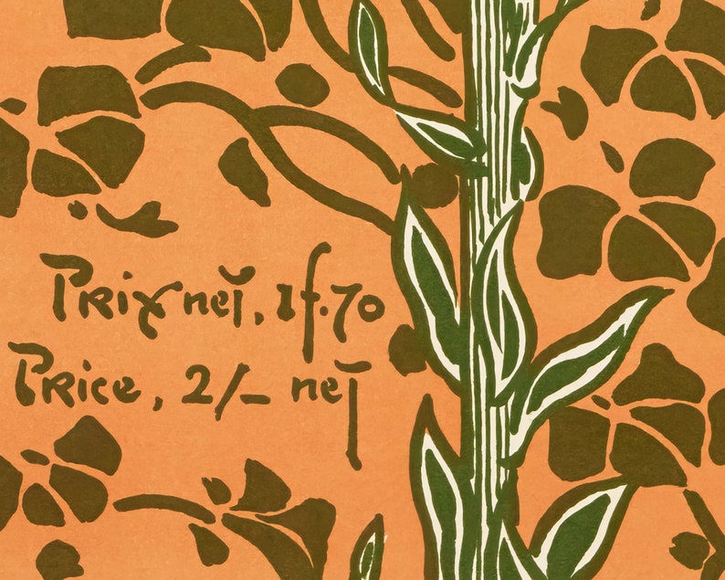 May include: An orange and brown floral design with a vertical green and white striped element. The image includes the text "Prix net. 1f.70" and "Price, 2/- net" in a handwritten style.