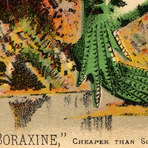 Puede incluir: Anuncio vintage de jab&oacute;n "Boraxine". La imagen presenta una pata de cocodrilo verde y texturizada y un fondo colorido. El texto dice "Cheaper Than Soap".