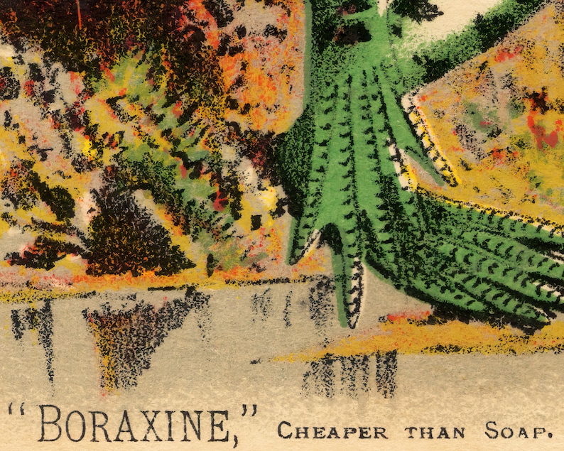 Puede incluir: Anuncio vintage de jab&oacute;n "Boraxine". La imagen presenta una pata de cocodrilo verde y texturizada y un fondo colorido. El texto dice "Cheaper Than Soap".