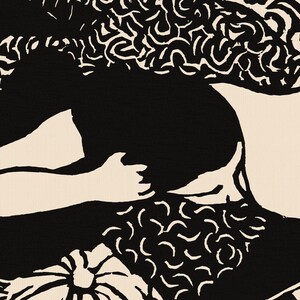 May include: Black and white illustration of a person lying down with their arm bent and their hand resting on their chest. The person's hair is styled in a curly pattern.
