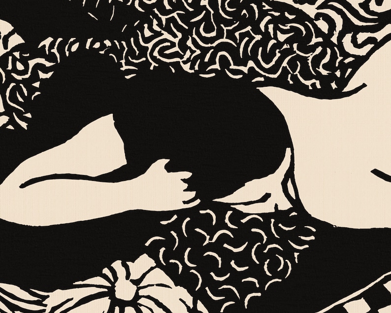 May include: Black and white illustration of a person lying down with their arm bent and their hand resting on their chest. The person's hair is styled in a curly pattern.