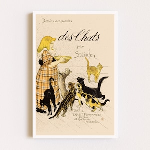 Impresiones descargables / Cartel francés / Cartel del gato Steinlen / Vintage Girl & Cats Print / Cartel publicitario / Arte de pared imprimible