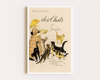 Downloadbare afdrukken | Franse affiche | Steinlen kattenposter | Vintage meisje & katten print | Advertentieposter | Afdrukbare muurkunst