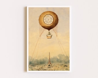 Downloadable Prints | French Print | Paris Wall Art | Hot Air Balloon over Eiffel Tower | French Decor | Printable Wall Art
