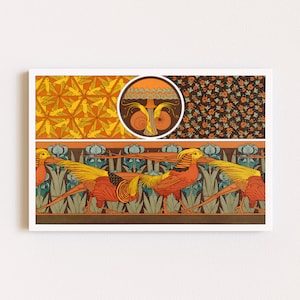 Puede incluir: Una impresi&oacute;n vintage de estilo Art Nouveau con un patr&oacute;n repetitivo de p&aacute;jaros y flores estilizados. La impresi&oacute;n est&aacute; en tonos de naranja, amarillo, marr&oacute;n y verde. El centro de la impresi&oacute;n presenta un dise&ntilde;o circular con una forma de hongo.