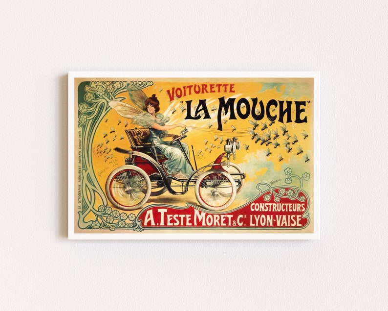 May include: A vintage advertisement for a car called "La Mouche" by A. Teste Moret & C. Lyon-Vaise. The ad features a woman driving the car, surrounded by a swarm of flies.