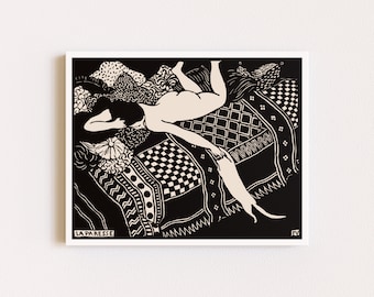 Downloadable Prints | Linocut Print | Black and White Art | Eclectic Wall Art | Naked Woman and Cat | Printable Wall Art