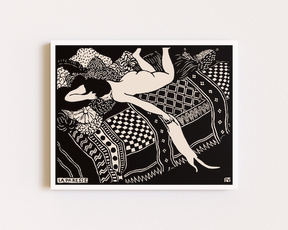 Downloadable Prints | Linocut Print | Black and White Art | Eclectic Wall Art | Naked Woman and Cat | Printable Wall Art