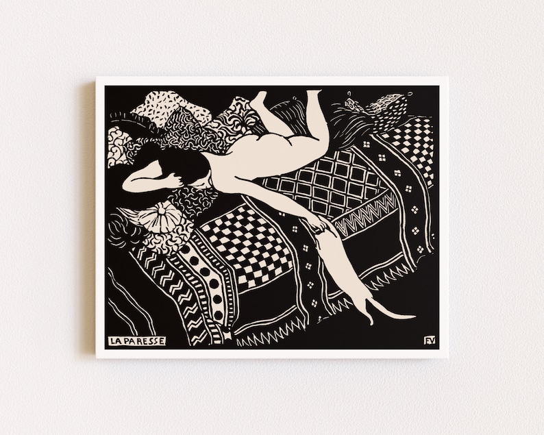 Downloadable Prints | Linocut Print | Black and White Art | Eclectic Wall Art | Naked Woman and Cat | Printable Wall Art image 1