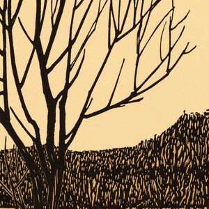 May include: A black and white illustration of a bare tree with branches reaching up against a light yellow background. The tree is in front of a dark, textured field.