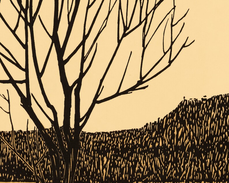 May include: A black and white illustration of a bare tree with branches reaching up against a light yellow background. The tree is in front of a dark, textured field.