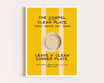 Downloadable Prints | Kitchen Poster | Vintage Food Print | Don't Waste Food | Yellow Retro Poster | Printable Wall Art
