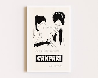 Stampe scaricabili / Poster italiano / Arte in bianco e nero / Poster pubblicitario Campari / Stampa alcolica retrò / Arte da bar / Arte da parete stampabile