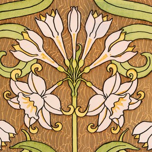 Puede incluir: Una ilustraci&oacute;n vintage de un patr&oacute;n floral con flores blancas y hojas verdes sobre un fondo marr&oacute;n.