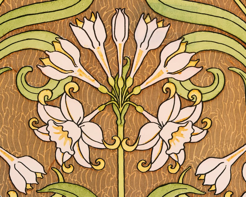 Puede incluir: Una ilustraci&oacute;n vintage de un patr&oacute;n floral con flores blancas y hojas verdes sobre un fondo marr&oacute;n.