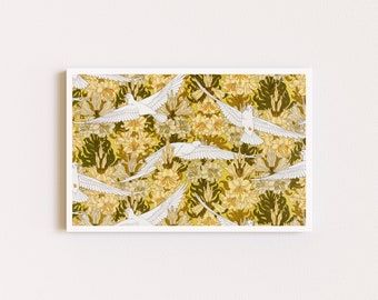 Impresiones descargables / Impresión Art Nouveau / Impresión de paloma y narciso / Arte de pared de pájaros / Impresión de arte abstracto / Arte de pared imprimible