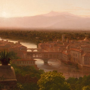 May include: A painting depicting a cityscape with a river flowing through it. The city is built on a hill with a mountain in the background. The sky is a soft pink and orange color, suggesting a sunset. The river is a light blue color and reflects the sky. The city is made up of many buildings, some of which are tall and narrow, while others are short and wide. There are trees and other vegetation scattered throughout the city.