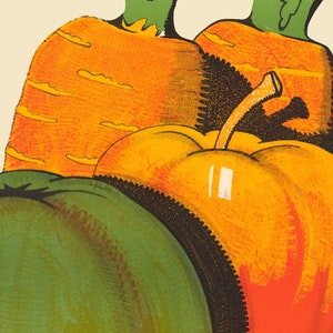May include: A still life painting of three vegetables: a green bell pepper, a red and orange bell pepper, and an orange carrot. The vegetables are arranged in a triangular shape, with the carrot at the top and the bell peppers at the bottom.
