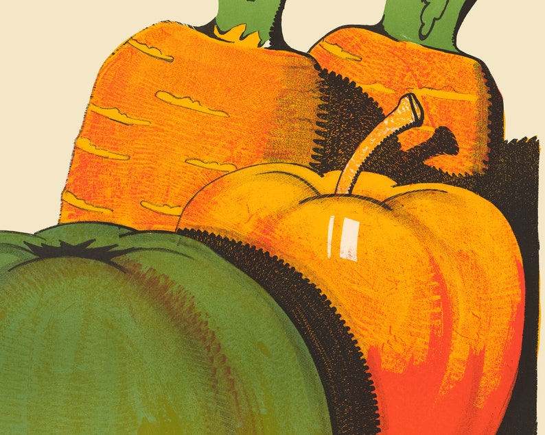 May include: A still life painting of three vegetables: a green bell pepper, a red and orange bell pepper, and an orange carrot. The vegetables are arranged in a triangular shape, with the carrot at the top and the bell peppers at the bottom.