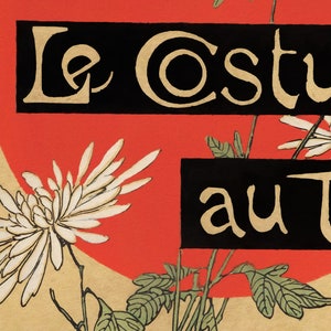 May include: A vintage poster with a red and gold sun and white flowers. The text on the poster reads "Le Costume au Theatre".