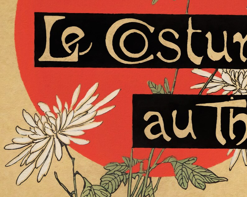 May include: A vintage poster with a red and gold sun and white flowers. The text on the poster reads "Le Costume au Theatre".