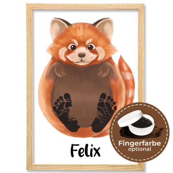 Baby Fussabdruck Set Bild mit rotem Panda Motiv – Süßes Baby Geschenk & Kinderzimmer Deko  – Personalisiertes Baby Abdruckset