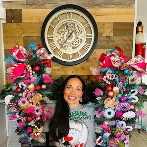 Christmas candyland gingerbread pre lit front door swag, jewel colored luxury lantern peppermint candy cane Christmas swag