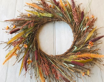 Wildflower wheat cattail and foxtail natural wispy spring summer front door wreath, natural looking year round, large autumn fall wreath