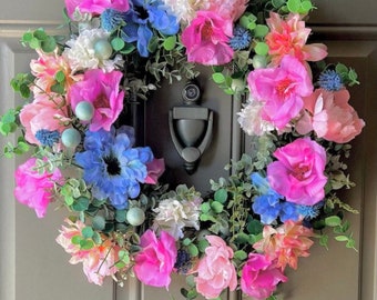 Pink & blue peony, rose spring summer front door wreath, garden cottage large wreath, shabby chic wreath, Mother’s Day wreath