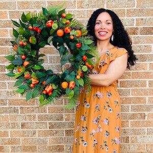 Tulip and oranges or lemon spring front door wreath, summer citrus fruit wreath, tropical wreath, Florida extra large double door wreath