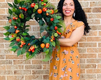 Tulip and oranges or lemon spring front door wreath, summer citrus fruit wreath, tropical wreath, Florida extra large double door wreath