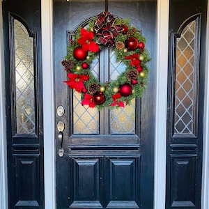 Traditional Christmas tartan plaid, poinsettia and berry pre lit front door wreath, red and gold large xmas double door wreath 12-28 inches