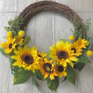 Sunflower boxwood fall front door wreath, early fall transitional wreath, large double door year round wreath
