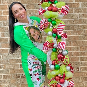 Pre lit whimsical red and lime green candy cane Christmas garland swag, candy land swag, xmas peppermint swag, Christmas wreath