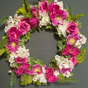 Fuchsia rose, cosmo and white hydrangea spring summer front door wreath