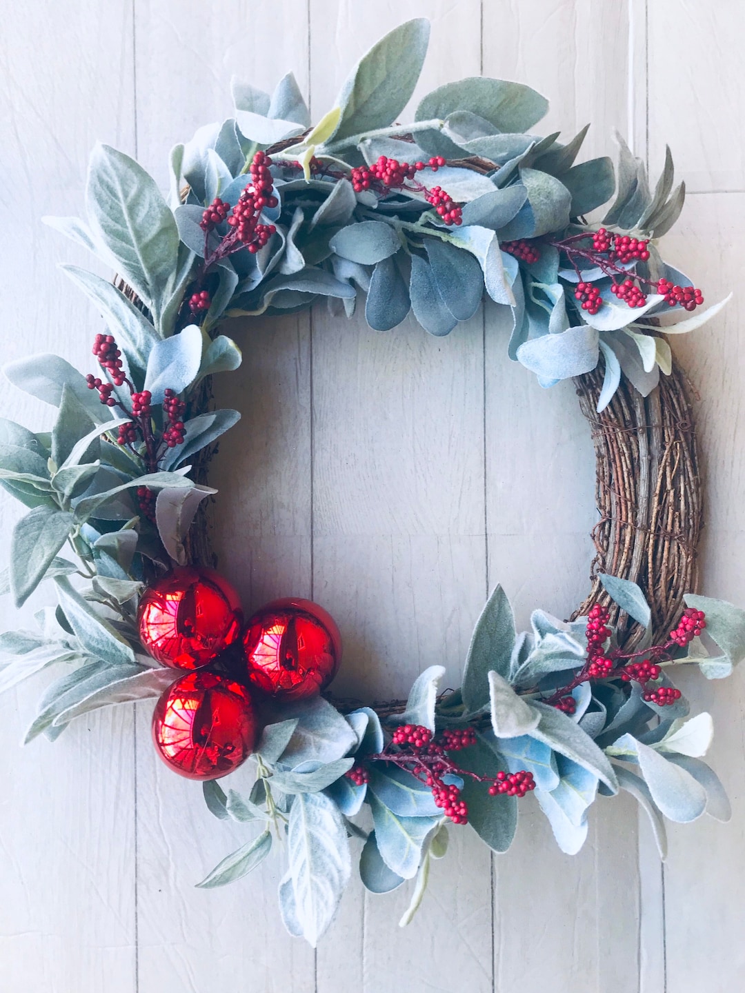 Pre Lit Traditional Lambs Ear & Berry Front Door Wreath, Winter ...