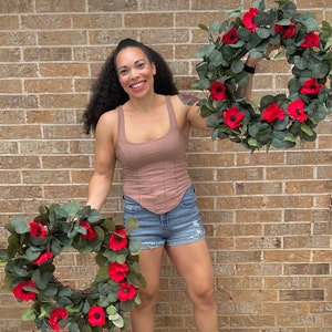 Red poppy & eucalyptus year round wreath, spring summer anemone Memorial Day, large Remembrance Day wreath