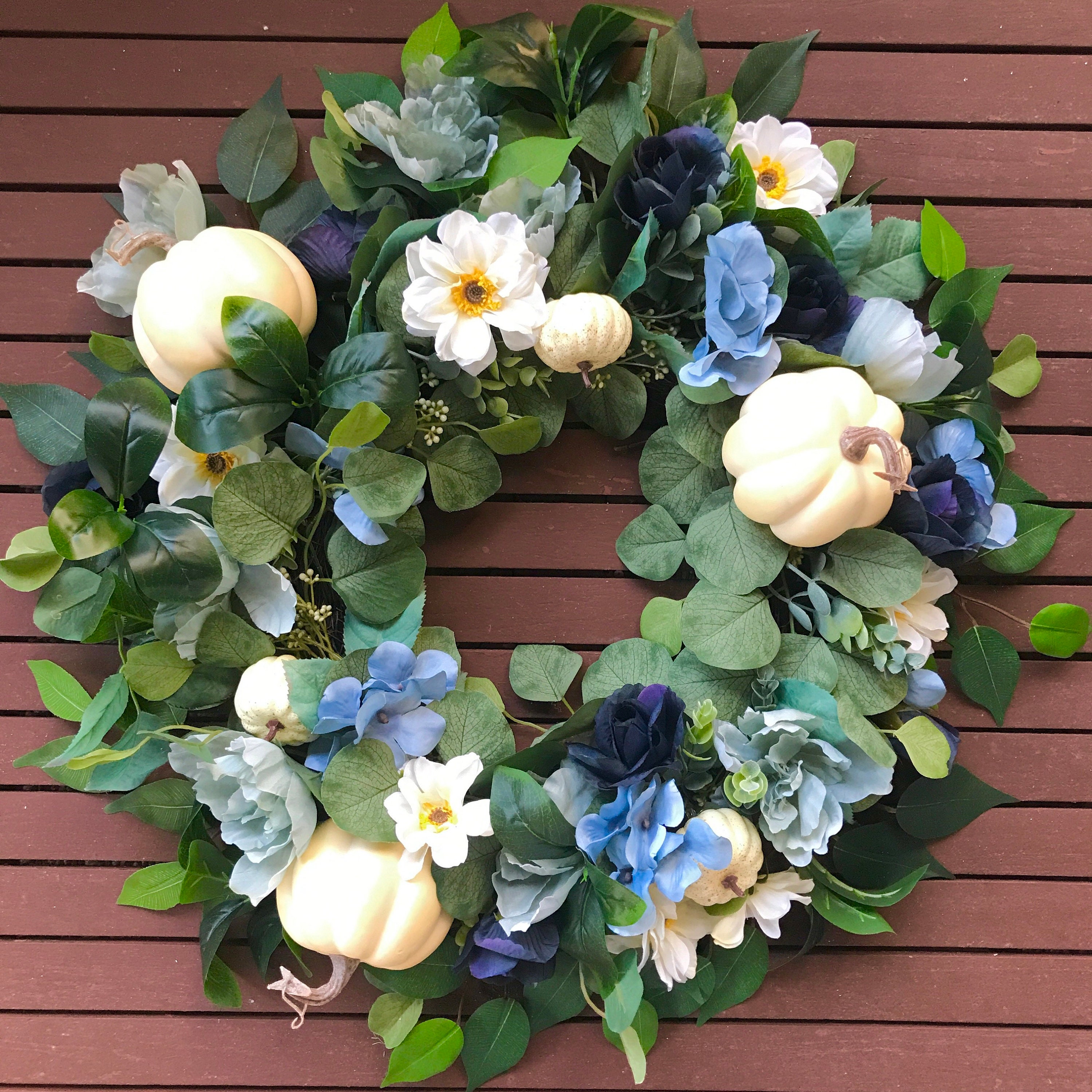 Navy Blue, Sage, & Cream Fall Pumpkin Front Door Wreath, Large