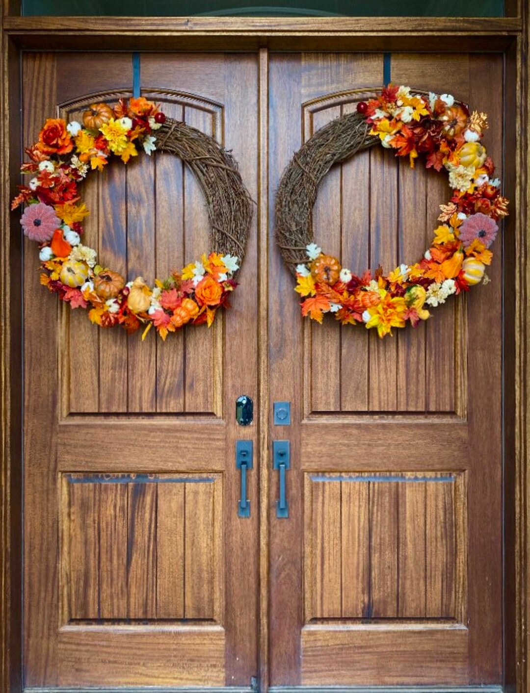 Traditional Autumn Orange Floral Pumpkin Fall Front Door Wreath, Large ...
