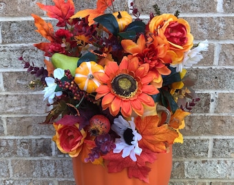 Fall peony, sunflower and pumpkin flower arrangement, autumn centerpiece, thanksgiving table floral arrangement