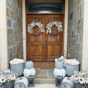 Whispy grey, cream & white fall front door wreath, large double door neutral crescent autumn fall wreath, grey pumpkin baby shower