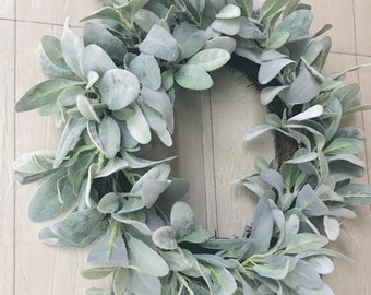 Lambs ear year round front door wreath, farmhouse spring summer wreath, any season large double door wreath, mini kitchen candle wreath