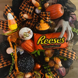 Pre lit monster & skeleton candy corn mesh Halloween front door wreath, large double door luxury candy Halloween party decor