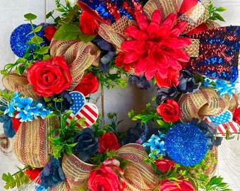Patriotic red, blue, and white spring summer wreath, 4th of July, Fourth of July front door wreath, Veterans Day wreath, Memorial Day wreath